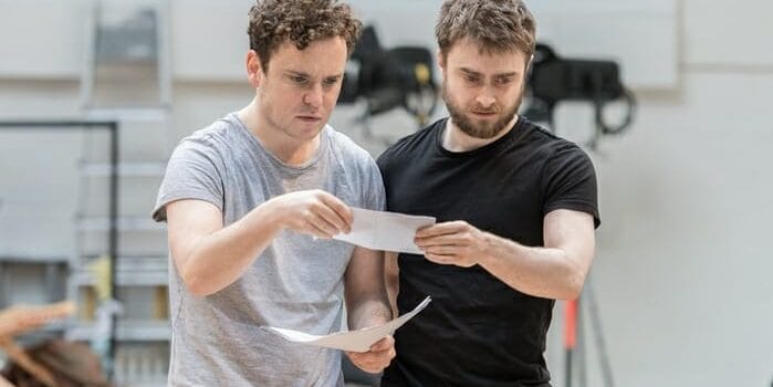 Joshua McGuire (Guildenstern) and Daniel Radcliffe (Rosenctantz) in Rosencrantz & Guildenstern Are Dead. Photo by Manuel Harlan (2)