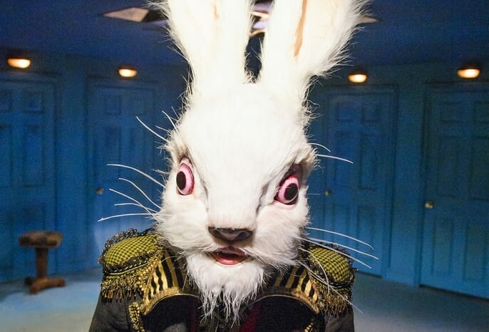 Tom Syms (Rabbit) behind the scenes at Alice's Adventures Underground @ The Vaults. (Opening 2-04-15) ©Tristram Kenton 04/15 (3 Raveley Street, LONDON NW5 2HX TEL 0207 267 5550 Mob 07973 617 355)email: tristram@tristramkenton.com