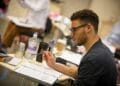David Albury (Junior Clerk) in rehearsals for COMMITTEE... at the Donmar Warehouse. Photo by Jack Sain