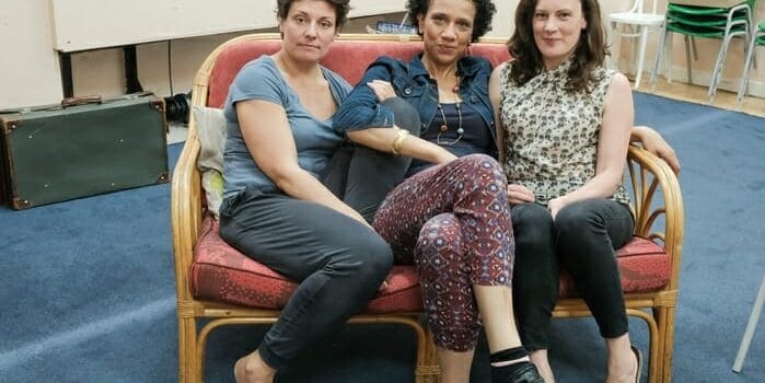 Di and Viv and Rose in rehearsals, from left, Polly Lister (Di), Grace Cookey-Gam (Viv), Margaret Cabourn-Smith (Rose)
