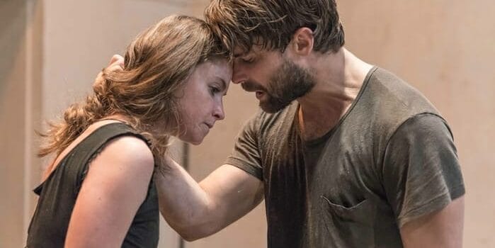 Judith Roddy (Young Woman) and Christian Cooke (Pony William) in rehearsal for Knives in Hens directed by Yaël Farber. Photo by Marc Brenner 682