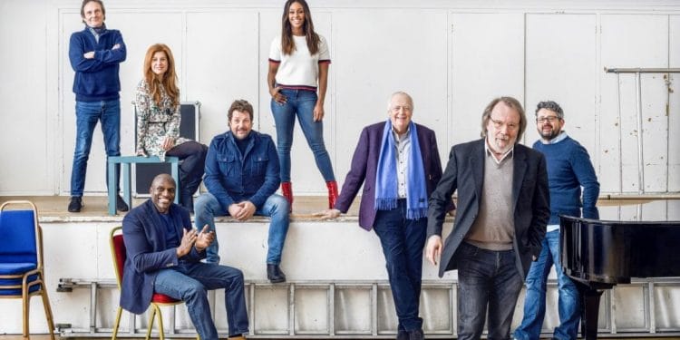 Full Cast Announced for Chess L-R Murray Head, Cassidy Janson, Phillip Browne, Michael Ball, Alexandra Burke, Sir Tim Rice, Benny Andersson and director Laurence Connor