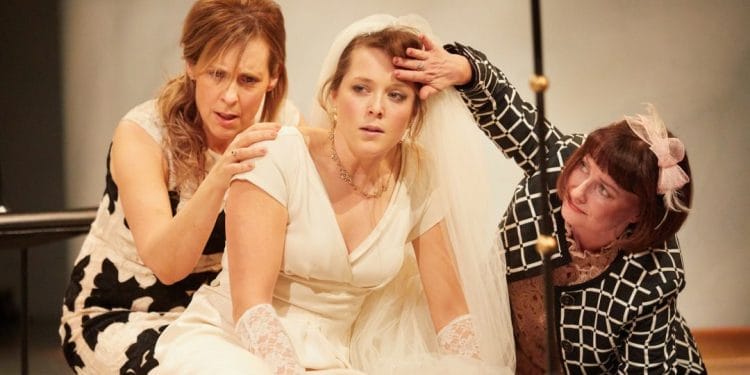 Mel Giedroyc (Beatrice), Kate Lamb (Hero) & Katherine Toy (Ursula). C - Mark Douet - Much Ado About Nothing Rose Theatre Kingston