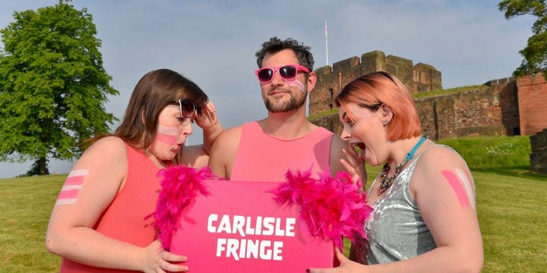 Amy Petricca-Lear, Seb Coombe and Grace Ryder get excited about the Carlisle Fringe programme (Photo credit_ Stuart Walker)