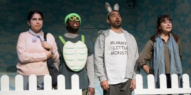 Shazia Nicholls Nathaniel Wade Guy Rhys Rosie Wyatt in Playdate with the Tortoise and the Hare by E V Crowe. Photo Craig Sugden
