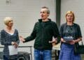 Jan Goodman Paul Mundell and Zoe Aldrich in Handbagged Rehearsals New Vic Theatre Photo by Andrew Billington