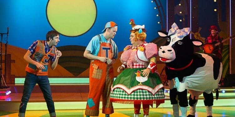 Peter Mooney as Jack Ben Locke as Tommy Trot Phylip Harries as Dame Tegwen Trott and Daisy the Cow. Jack and the Beanstalk Theatr Clwyd c Brian Roberts