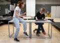 L R Rona Morison Cora and Lucy Black Denise in rehearsals for The Haystack at Hampstead Theatre Photo credit Ellie Kurttz.