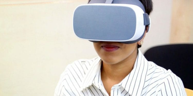 Woman from Wandsworth tries out LIVR headset Credit LIVR