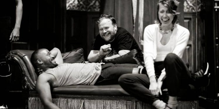 Elan James David Kirkbride and Ellie Morris in rehearsals for The Play That Goes Wrong. Credit Helen Maybanks.