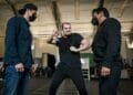 LtoR Fight Associate Jonathan Bernard Aiden Cutler Fight Director Maurice Chan in rehearsals for Back to the Future credit Sean Ebsworth
