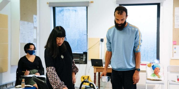 . Ameera Conrad Sarah Lam and Matthew Xia in rehearsals for RICE. Photo by Helen Murray