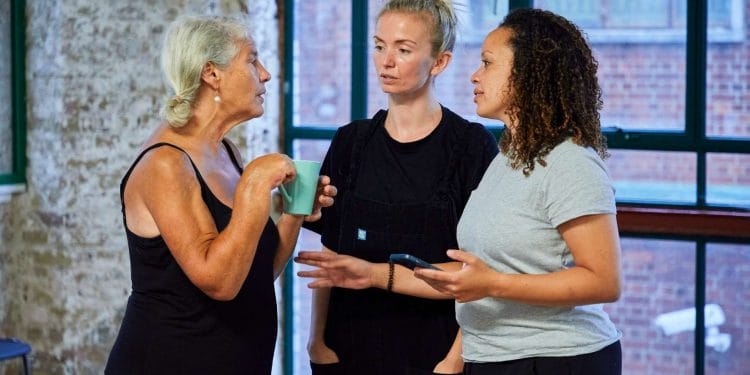 Denise Black Pearl Sophie Melville Nina and Cat Simmons Jackie in rehearsal for Mum. Photo by The Other Richard