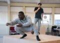 Justice Ritchie as Runaku and Lucas Button as Harry in rehearsals of Human Nurture. Photo by Chris Saunders.