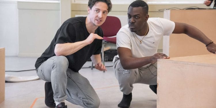 Lucas Button as Harry and Justice Ritchie as Runaku in rehearsals of Human Nurture. Photo by Chris Saunders.