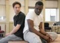Lucas Button as Harry and Justice Ritchie as Runaku in rehearsals of Human Nurture. Photo by Chris Saunders.