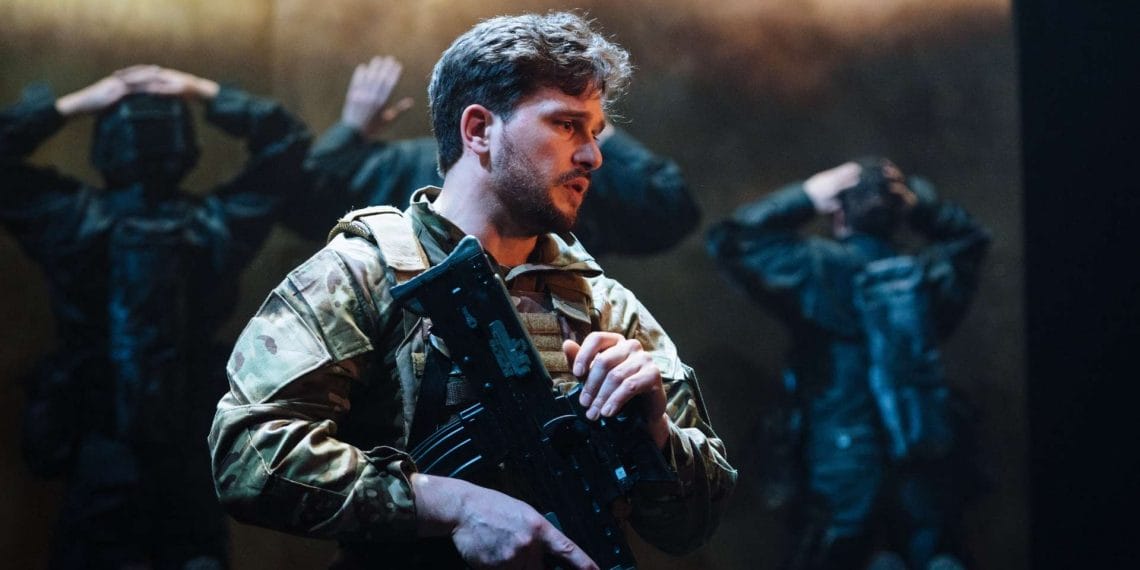 Kit Harington in HENRY V at the Donmar Warehouse. credit Helen Murray