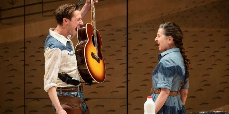 Arthur Darvill and Liza Sadovy in Rodgers Hammersteins Oklahoma at the Young Vic credit Marc Brenner