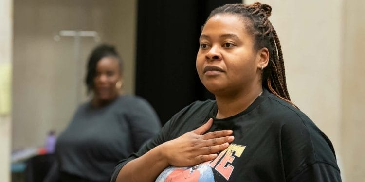 Kayla Meikle in rehearsals for MARYS SEACOLE at the Donmar Warehouse. Directed by Nadia Latif. Photo by Marc Brenner.