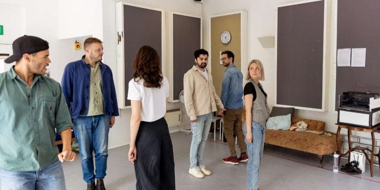 The cast of The False Servant in rehearsals photo by The Other Richard