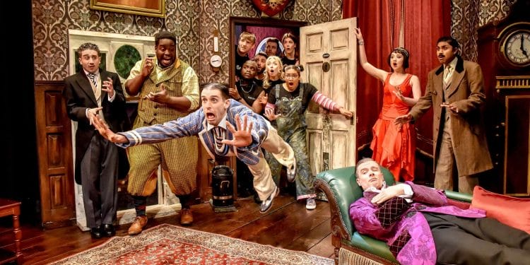 The Company of The Play That Goes Wrong at The Duchess Theatre. Credit Robert Day.