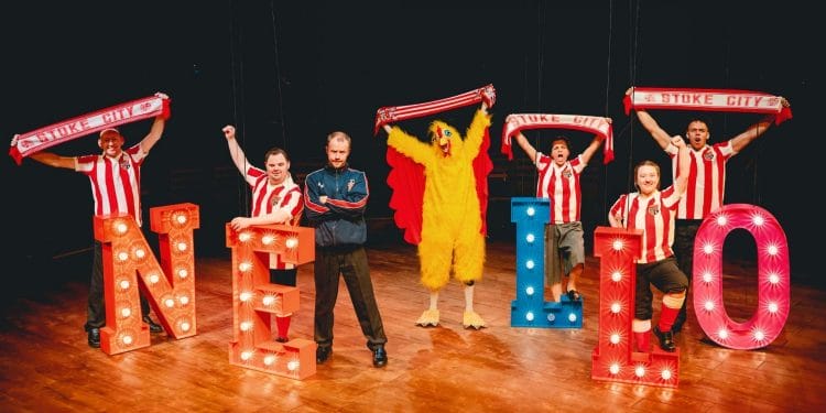 Alex Frost Daniel Murphy Gareth Cassidy Michael Hugo as the Chicken Suzanne Ahmet Charlie Bence and Jerone Marsh Reid in Marvellous at the New Vic Theatre Photo Andrew Billington