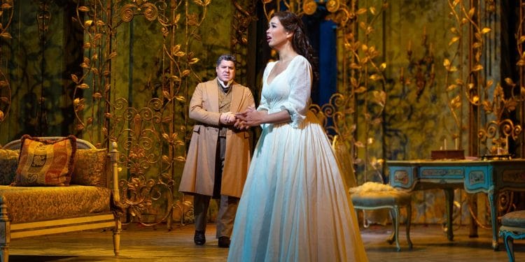 Luca Salsi as Germont and Nadine Sierra as Violetta in Verdis La Traviata. Photo Marty Sohl Met Opera