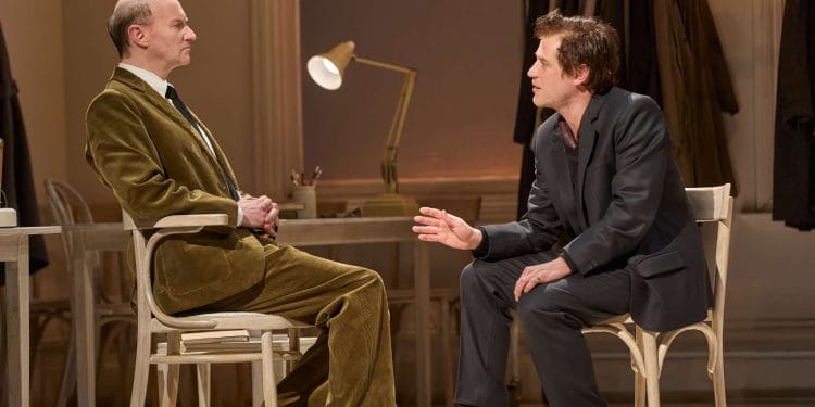 Mark Gatiss (Sir John Gielgud) and Johnny Flynn (Richard Burton) in The Motive and the Cue at the National Theatre. Photo by Mark Douet