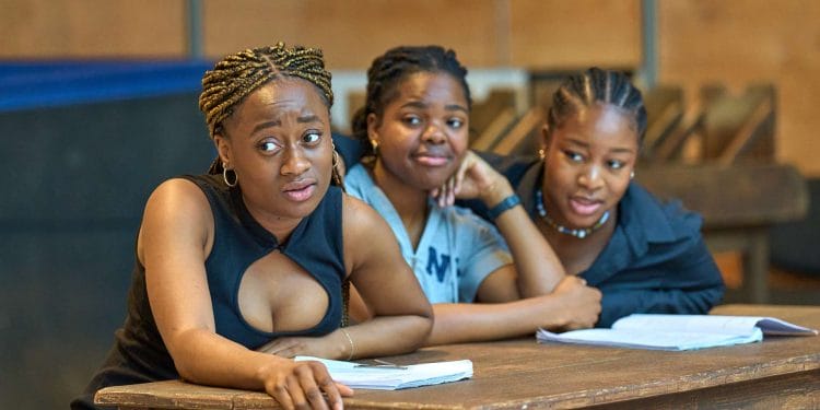 Tara Tijani, Francesca Amewudah Rivers, and Bola Akeju in School Girls; Or, The African Mean Girls Play rehearsals at Lyric Hammersmith Theatre (c) Manuel Harlan