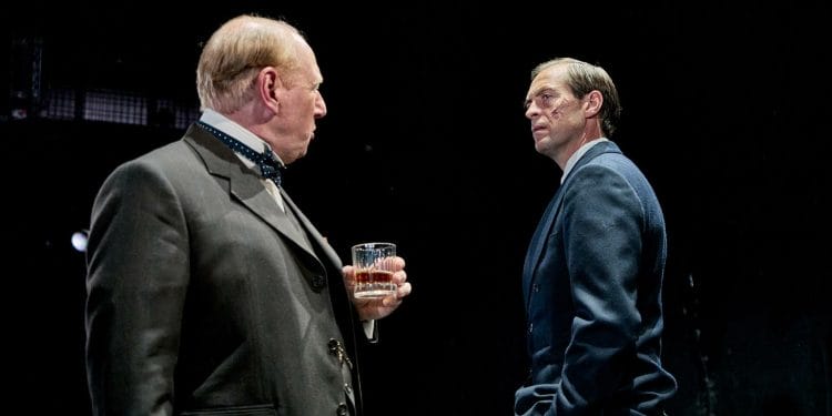 Adrian Scarborough and Stephen Campbell Moore in WHEN WINSTON WENT TO WAR WITH THE WIRELESS Donmar photo Manuel Harlan