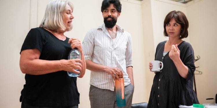 Irene Macdougall, Adam Buksh & Hannah Donaldson in rehearsals for The Great Replacement image by Tommy Ga Ken Wa