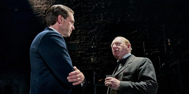 Stephen Campbell Moore and Adrian Scarborough in WHEN WINSTON WENT TO WAR WITH THE WIRELESS Donmar photo Manuel Harlan