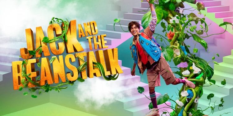 Nikhil Singh Rai as Jack in Jack and the Beastalk at Stratford East (Landscape with title). Photography Michael Wharley and Design Steph Pyne