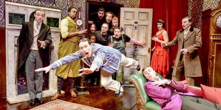 The 2023 24 Company of The Play That Goes Wrong at the Duchess Theatre. Credit Rober