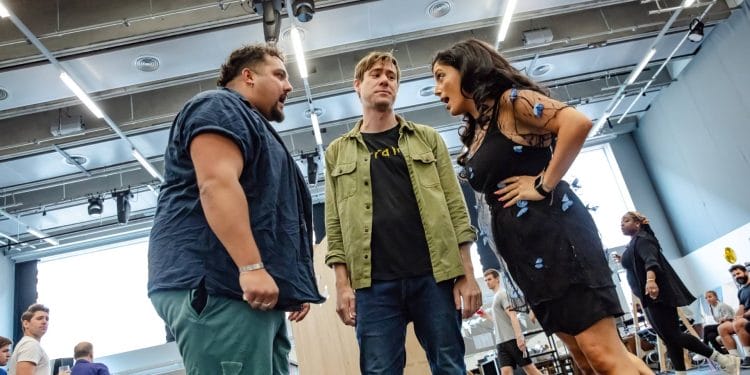 Tim Mahendran, David Hunter & Hiba Elchikhe in rehearsals for The Time Traveller's Wife. Credit Danny Kaan