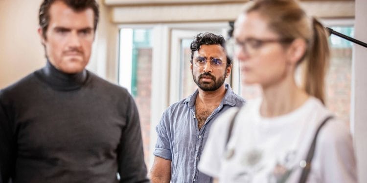 Ciarán Owens, Tibu Fortes & Yolanda Kettle in rehearsal for The Interview at Park Theatre (photo credit Pamela Raith Photography)