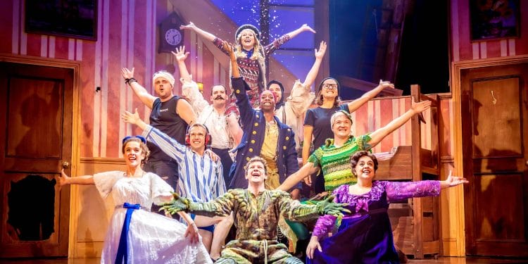 The company of Peter Pan Goes Wrong at the Lyric Theatre 2023. Credit Pamela Raith Photography