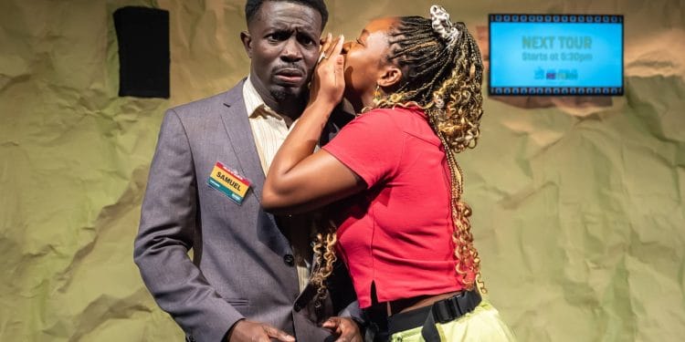 (L R) Fode Simbo (Samuel), Bola Akeju (Orange) in 'Samuel Takes a Break' at The Yard Theatre. Photo credit Marc Brenner