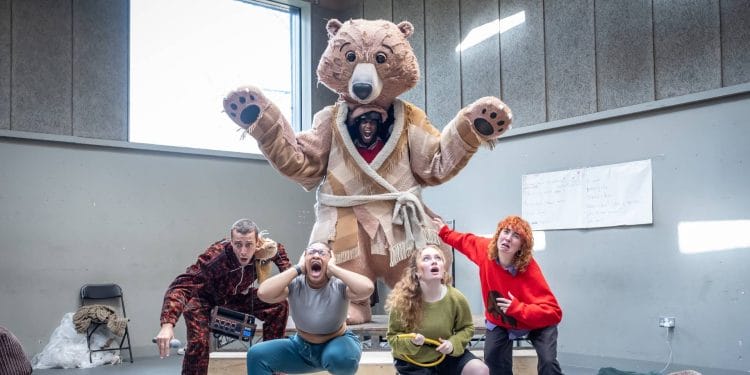 The Company of Bear Snores On in rehearsals at Regent's Park Open Air Theatre. Credit Marc Brenner