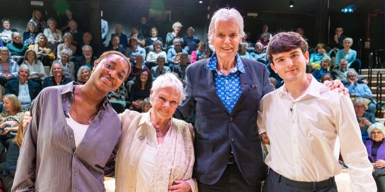 Dame Judi Dench and Simon Williams on stage at The Mill at Sonning with Sewa Zamba and Reeus Sugden, second year students from the Royal Central School of Speech and Drama Photo Andreas Lambis