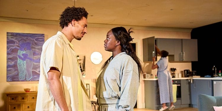 Gabriel Akuwudike (Roy) and Tiwa Lade (Peace) in ‘My Father’s Fable’ at the Bush Theatre Photo by Manuel Harlan.