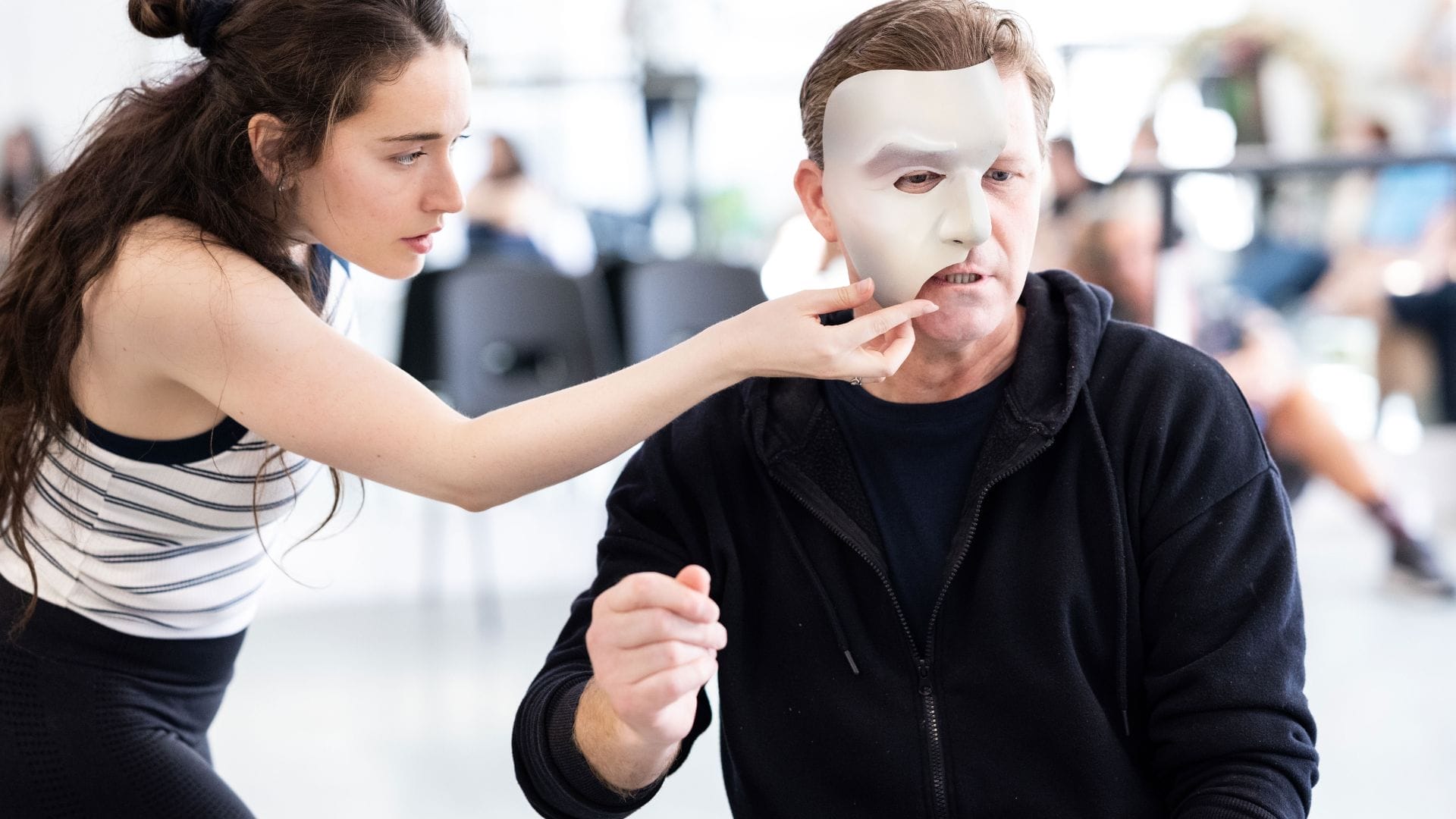 Rehearsals for THE PHANTOM OF THE OPERA. Dean Chisnall as The Phantom and Lily Kerhoas as Christine. Photo by Melanie Gowie